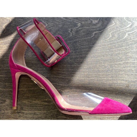 AQUAZZURA Pink Suede Nude Clear PVC Heels Ankle Wrap Shoes Pumps Heels Sz 38.5 - Picture 15 of 16